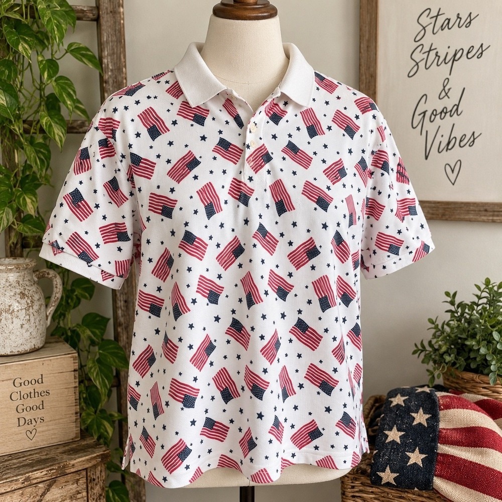 Croft and Barrow C&B Sport American Flag Star Polo Shirt Mens Large Patriotic